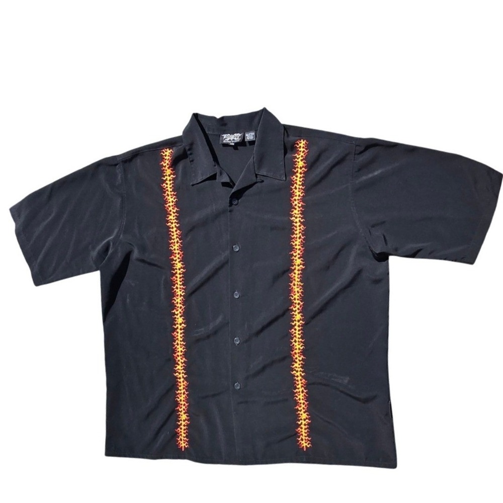 Vintage Dragonfly Clothing Mens 4XL Black Flame Embroidered Button Up Shirt Y2K